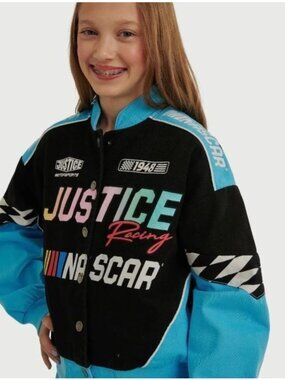 NASCAR X Justice Girls Racing Jacket Black & Blue Snap Closure Size S (7-8) Cott